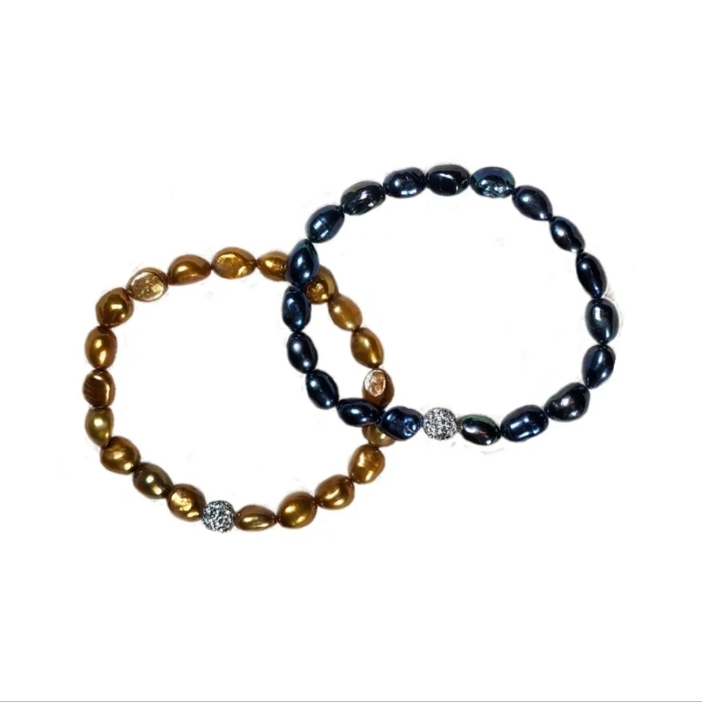 Bracelet Cultured Pearl Blue and Gold with Rhinestones Set